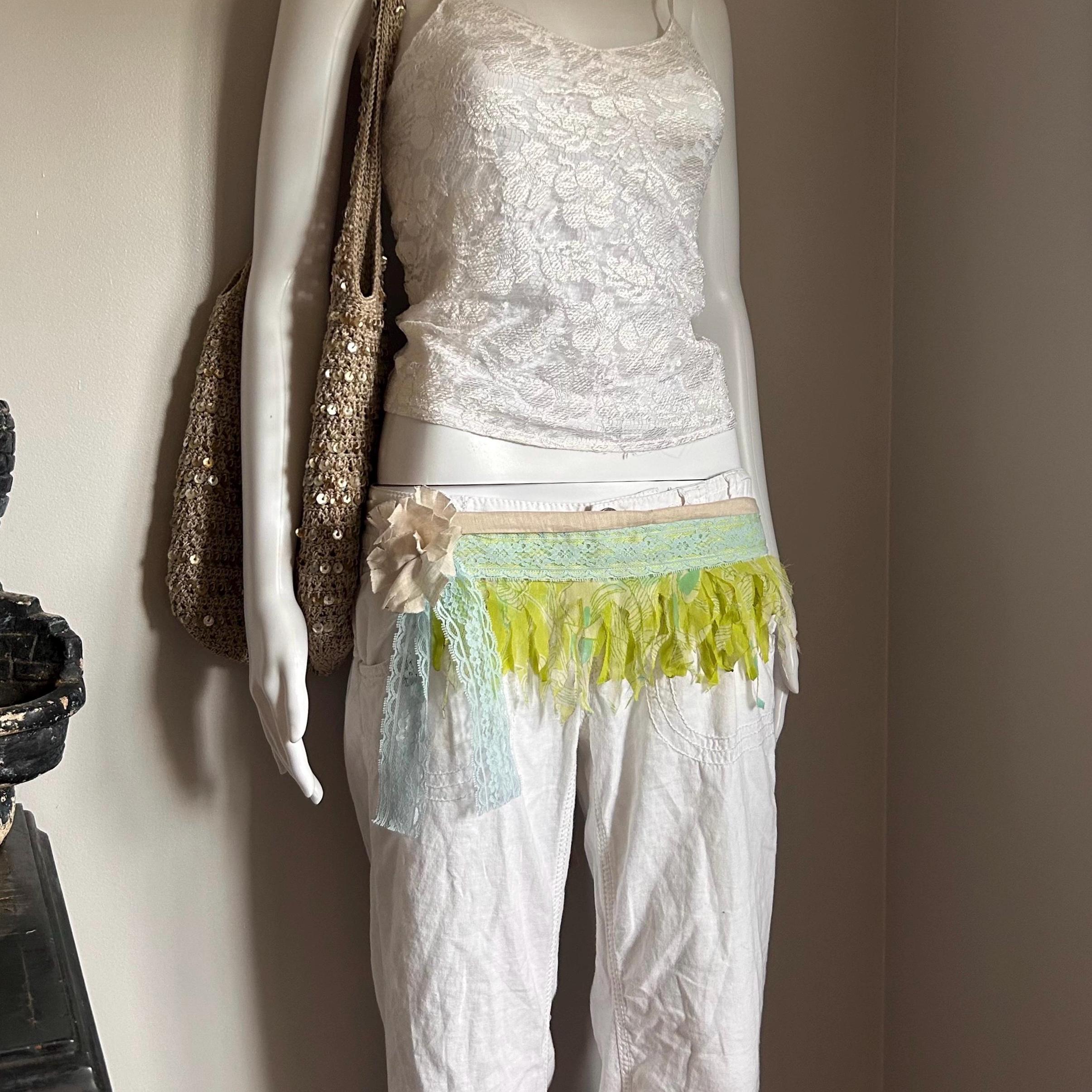 Handmade Fringe Belt Sash: Cream & Green Festival Style