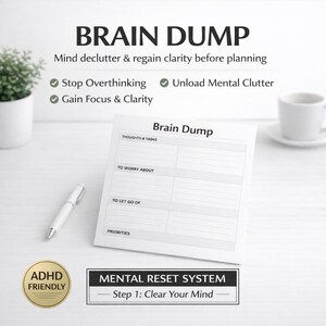Hoja de trabajo imprimible para vaciar el cerebro, sistema de reinicio mental (PDF), herramienta de claridad mental, despeje mental para personas con TDAH