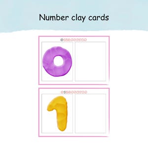 Op de afbeelding: Twee cijferkleikaarten met de tekst "Number clay cards". De bovenste kaart toont een paarse klei nul, en de onderste kaart toont een gele klei één. Elke kaart heeft een roze rand en ruimte om te schrijven.