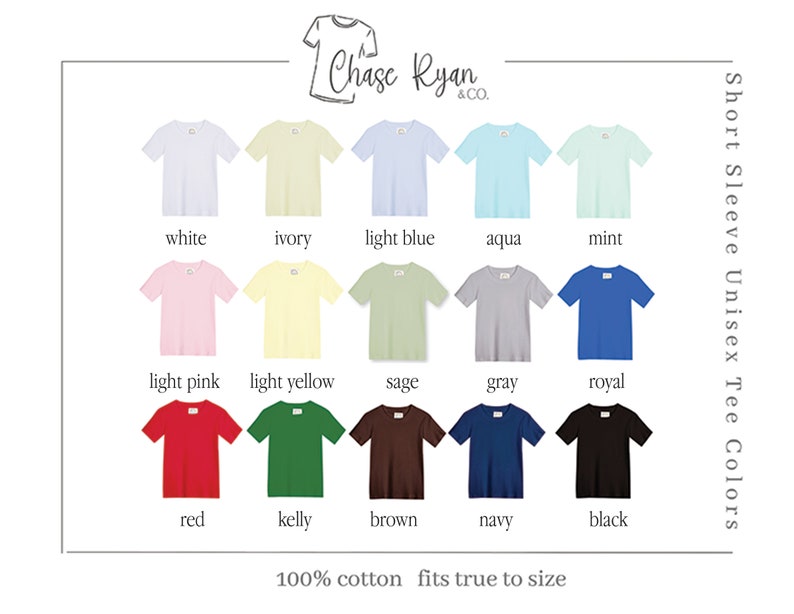 May include: A chart showing 12 different colors of short-sleeved unisex t-shirts. The colors are white, ivory, light blue, aqua, mint, light pink, light yellow, sage, gray, royal, red, kelly, brown, navy, and black. The text "Chase Ryan & Co." is at the top of the chart. The text "Short Sleeve Unisex Tee Colors" is on the right side of the chart. The text "100% cotton fits true to size" is at the bottom of the chart.