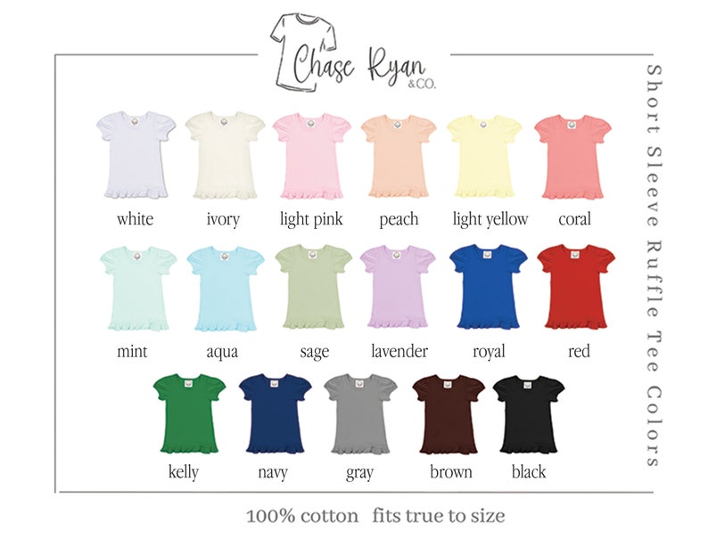 May include: A chart showing 14 different colors of short-sleeve ruffle tee shirts. The colors are white, ivory, light pink, peach, light yellow, coral, mint, aqua, sage, lavender, royal, red, kelly, navy, gray, brown, and black. The text "Chase Ryan & Co." is at the top of the chart. The text "Short Sleeve Ruffle Tee Colors" is on the right side of the chart. The text "100% cotton fits true to size" is at the bottom of the chart.