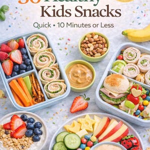 May include: An image displaying a selection of healthy snacks for children. The image includes a book cover with the title "30 Healthy Kids Snacks" and several containers filled with fruits, vegetables, sandwiches, and dips. A banana and a bowl of peanuts are also visible.