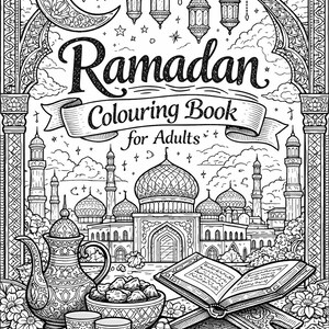 May include: Detailed black and white illustration of a Ramadan colouring book cover. The design includes a mosque, crescent moon, lanterns, and traditional elements such as dates, prayer beads, and a teapot. The text reads "Ramadan Colouring Book for Adults".