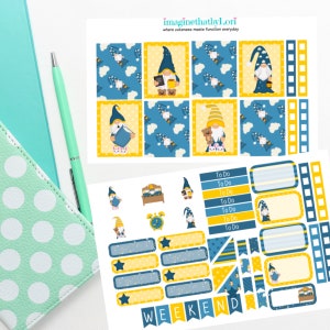 May include: A planner sticker sheet with a gnome theme. The stickers feature gnomes, clouds, and stars in blue, yellow, and white. The text "To Do" and "Weekend" are also included. The brand name "imaginethatbyLori" is at the top.