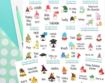 May include: A set of 36 colorful gnome stickers featuring various themes and holidays, including Valentine's Day, graduation, summer, Halloween, and Christmas. Each sticker features a gnome with a different hat and accessories.