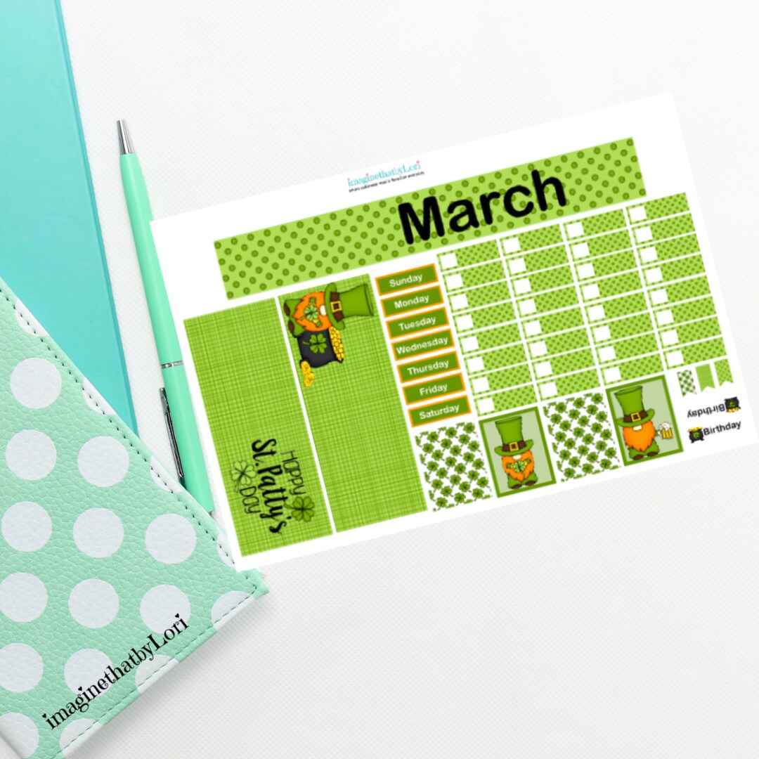 New Gnome St Patricks Day March Planner Stickers Hobonichi Hobo Monthly ...