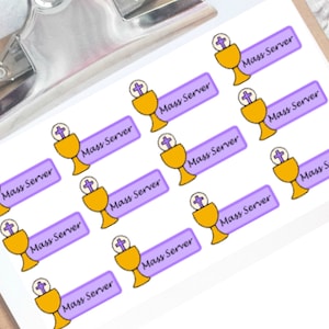 May include: Twelve purple and white rectangular stickers with the text "Mass Server" and a cartoon image of a golden chalice with a host.