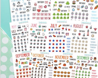 12 months Monthly planner stickers cute date holidays icons