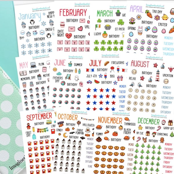 12 months Monthly planner stickers cute date holidays icons