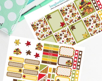 May include: A set of Thanksgiving-themed planner stickers featuring turkeys, pumpkins, leaves, and the words "To Do" and "Weekend".