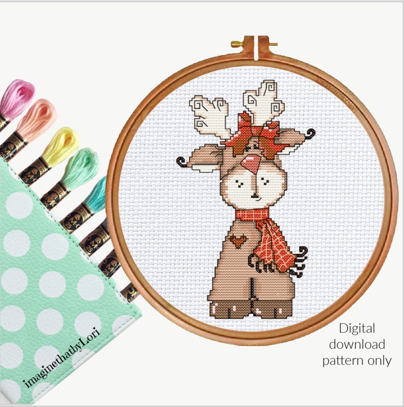 Christmas Reindeer cute digital cross stitch pattern embroidery image 1