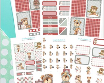 May include: A set of printable planner stickers featuring a winter theme with bears, snowmen, and plaid patterns. The stickers include a variety of shapes and sizes, including boxes, circles, and rectangles. The stickers are designed to be used in a planner or journal.