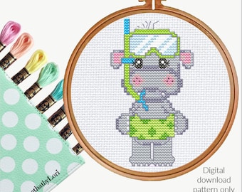 Hippo Pool Day cute digital cross stitch pattern embroidery