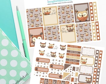 May include: A set of printable planner stickers featuring brown and white owls with a woodland theme. The stickers include a variety of shapes and sizes, including full-sized owls, small owls, and owl patterns. The stickers also include the words "TO DO" and "WEEKEND".