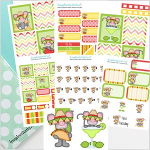 May include: A set of printable planner stickers featuring a cartoon mouse wearing a sombrero and holding a taco. The stickers are designed for a planner or journal and include numbers, days of the week, and other fun elements. The stickers are in a bright, colorful style with a Mexican theme.