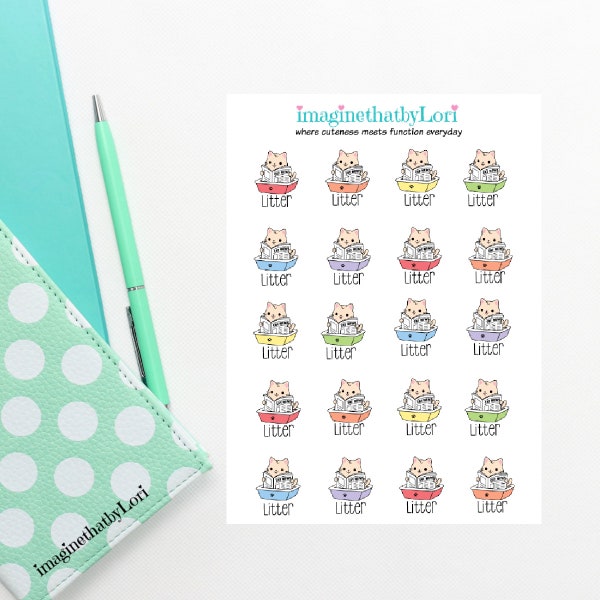 cute cat kitty litter box reading paper planner stickers