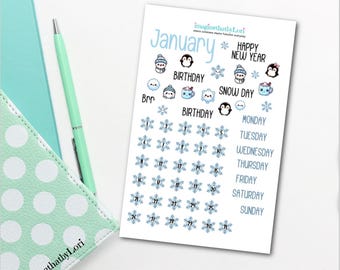 Monthly planner stickers January cute date holidays icons