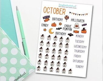Monthly planner stickers October cute date holidays icons