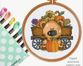 Fall Harvest Bear cute digital cross stitch pattern embroidery