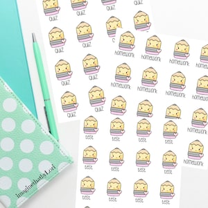 May include: A sheet of stickers featuring cartoon pencils with different expressions. The stickers are labeled with the words "quiz", "homework", and "test".