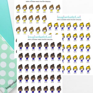 May include: A sheet of stickers featuring cartoon illustrations of people wearing headphones and the word "work". The stickers are in various colors, including blue, yellow, and brown.