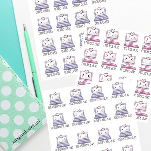 May include: A sheet of stickers featuring cute cartoon laptops with different text, including "online class", "project due", and "assignment due".