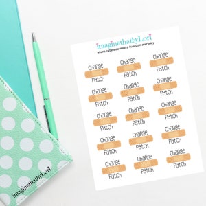 May include: A sheet of 18 adhesive stickers featuring a cartoon bandage with the words "Change Patch" printed on each sticker. The stickers are printed on white paper.