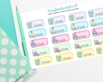 May include: A sheet of colorful birthday stickers with various designs, including gifts, cupcakes, and party hats. The stickers have a rectangular shape with rounded corners and the word "birthday" printed on them. The sheet also has the text "imaginethatbyLori" and "where cuteness meets function everyday".