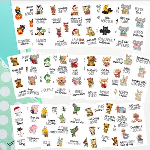 May include: A set of 48 colorful stickers featuring various illustrations and text. The stickers are designed for use in a planner or journal. Some of the illustrations include a reindeer, a snowman, a bee, a bunny, and a pig. Some of the text includes "Happy Fall Y'all", "Let's Do Brunch", "Hot Chocolate Kind of Day", and "Time to Celebrate".