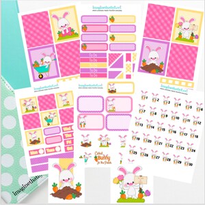 May include: A set of printable planner stickers featuring a cute bunny rabbit in a garden setting. The stickers include a calendar, to-do lists, and various bunny illustrations. The stickers are designed in pink, yellow, and purple colors.
