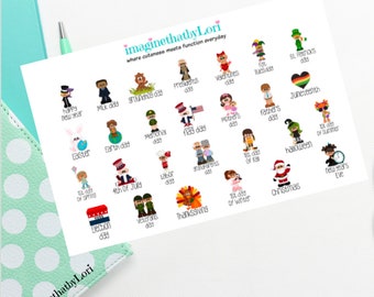 Op de afbeelding: Een wit vel papier met kleurrijke illustraties van mensen en tekst die verschillende feestdagen gedurende het jaar voorstellen. De tekst bevat "imaginethatbyLori" en "waar schattigheid functionaliteit ontmoet".