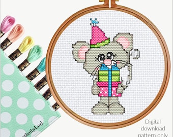 Birthday Party Mouse Squeekers cute digital cross stitch pattern embroidery