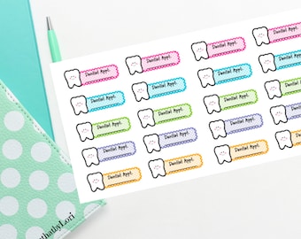 May include: A sheet of colorful stickers featuring a cartoon tooth with a smiling face and the text "Dentist Appt."  The stickers are in various colors, including pink, blue, green, purple, and yellow.