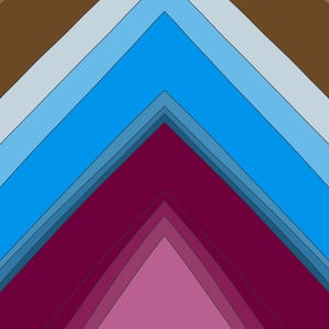 Peut inclure: Art numérique abstrait présentant un design géométrique en couches. L'œuvre d'art présente une série de chevrons imbriqués dans des tons de marron, de bleu et de rose. La composition crée une sensation de profondeur et d'intérêt visuel.