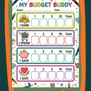 Könnte beinhalten: Eine farbenfrohe "My Budget Buddy" Tabelle mit Abschnitten für Verdienen, Ausgeben, Sparen und Geben. Die Tabelle enthält Bereiche zum Verfolgen von Beträgen und Summen, mit Illustrationen von Münzen, einem Einkaufswagen, einem Sparschwein und einem Herzen.