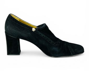 Versace Vintage 80s Black Suede Ankle Boots EU 38 Medusa Logo Chunky Block Heel