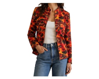 Vintage Analogy Red Gold Paisley Zip Front Ruched Blazer Size S Y2K Mallcore