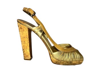 Vintage Prada Gold Leather Cork Platform Block Heel Sandals Size 39.5