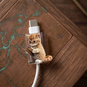 Może przedstawiać: Biały kabel ładujący USB-C z przezroczystym plastikowym urokiem przedstawiającym kreskówkowego kota w okularach czytającego książkę. Kot jest pomarańczowo-biały. Urok jest przymocowany do portu ładowania.