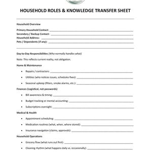 Puede incluir: Documento blanco titulado "Hoja de transferencia de roles y conocimientos del hogar" con secciones para la descripción general del hogar, responsabilidades diarias, hogar y mantenimiento, finanzas, salud y operaciones del hogar. El documento incluye líneas para rellenar.