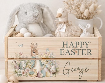 Personalised Easter Crate with Name, Pastel Rabbits, Happy Easter, Wooden Easter Bunny Basket, Custom Easter Box for Kids Blue