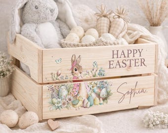 Personalised Easter Crate with Name, Pastel Rabbits, Happy Easter, Wooden Easter Bunny Basket, Custom Easter Box for Kids Pink