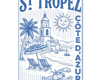 Póster de Saint-Tropez | Decoración de pared de la Costa Azul | Lámina de arte mediterráneo | Póster de la Riviera Francesa | Arte de pared de lujo para el verano