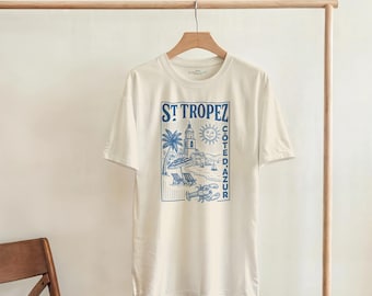 Camiseta de Saint-Tropez | Camiseta estampada de la Costa Azul | Camiseta unisex mediterránea | Moda de la Riviera Francesa | Camiseta informal de vacaciones