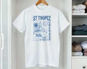 Camiseta de mujer St. Tropez | Camiseta estampada de la Costa Azul | Moda mediterránea | Camiseta de la Riviera francesa | Camiseta informal de verano para mujer