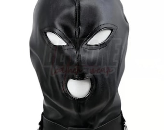 Aangepast leren kapmasker: veters, open ogen/mond, kraag, D-ringen