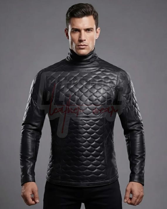 Sheep Leather Quilted Shirt Custom Made Men High Neck Black Top