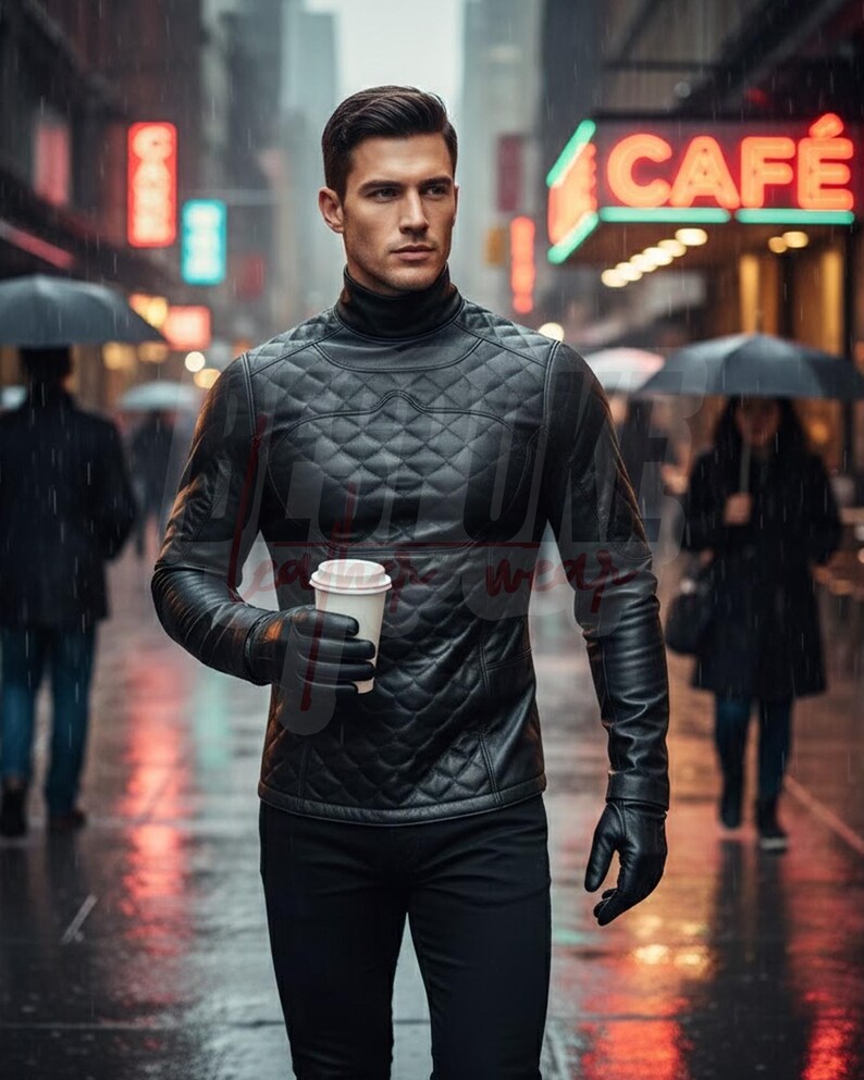 Op de afbeelding: Een persoon draagt een zwart gewatteerd leren jack met een coltrui, zwarte handschoenen en een zwarte broek, en houdt een witte koffiebeker vast. De achtergrond toont een stadsstraat met neonreclame en mensen met paraplu's in de regen.