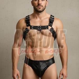 May include: Black leather harness and briefs set. The harness features adjustable straps, metal hardware, and a ring detail. The briefs have a zipper and button closure. The set is designed for a close fit.