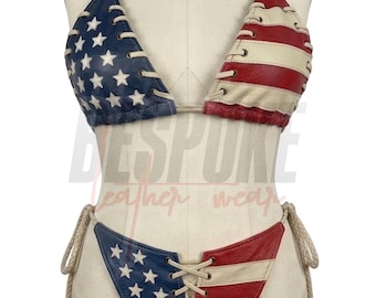 Bikini de cuero hecho a mano, conjunto de bikini patriótico de dos piezas, hecho a medida.